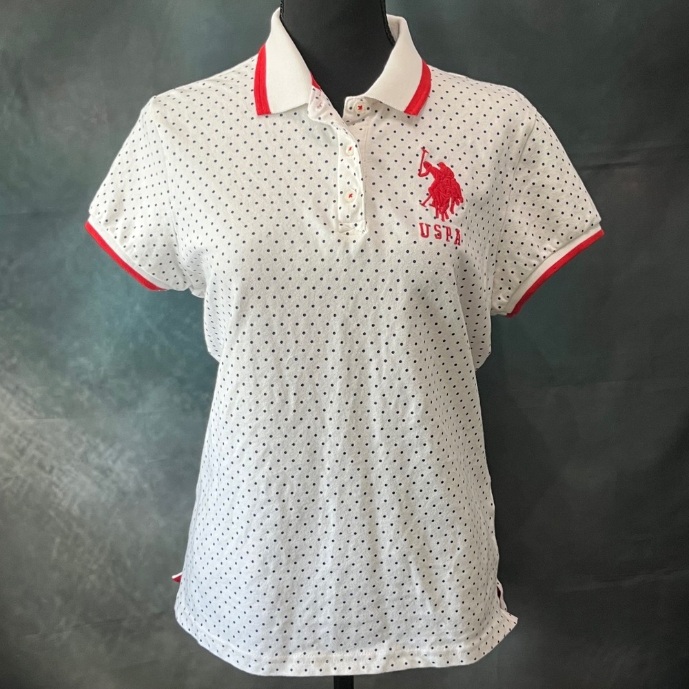 US Polo Assn Womens‎ XL White Polka Dot Short Sleeve Polo Shirt Red Logo USPA